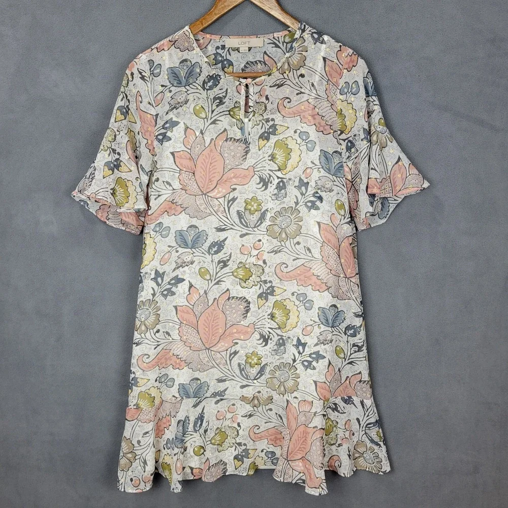 Loft Shift Dress Women's XS Multicolor Floral Lined Round Neck Short Sleeve Boho